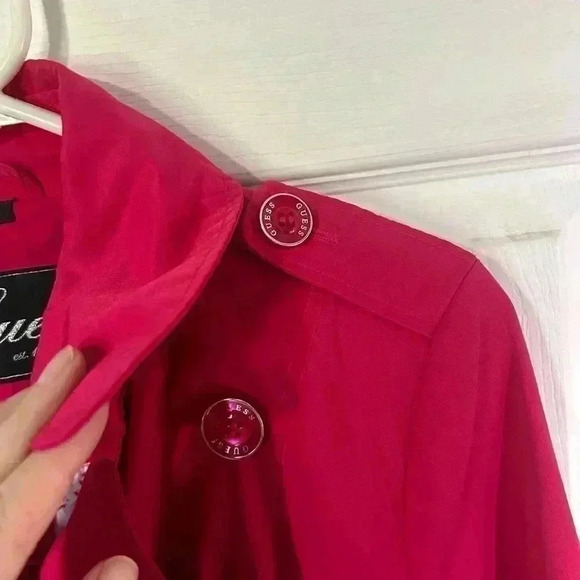 Guess trench coat. bright pink. Button up and tie waist. Size Medium. GUC! - Picture 5 of 15